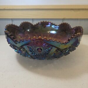 Antique Imperial Daisy And Button Amethyst Carnival Glass Fruit Bowl 10 Inches